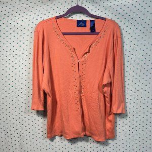 JH Collectibles Woman Orange Ribbed 3/4 Sleeve Button Up Bejeweled Blouse